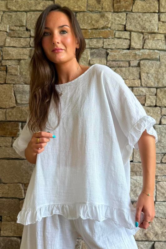 Frame Hopsack Frill Box Top White